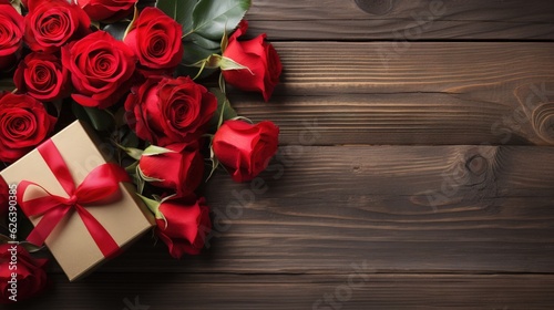  a bunch of roses and a gift box on a wooden table.  generative ai