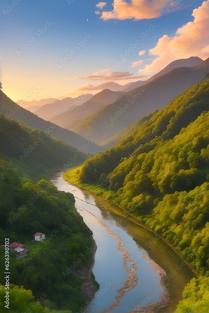 Obraz premium River flow. Mountains landscape. AI generated illustration