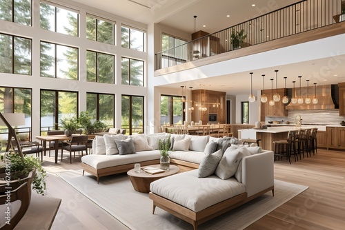 Beautiful modern living room interior in new luxury home with open concept floor plan. Shows kitchen, dining room, and wall of windows with amazing exterior © Parvez