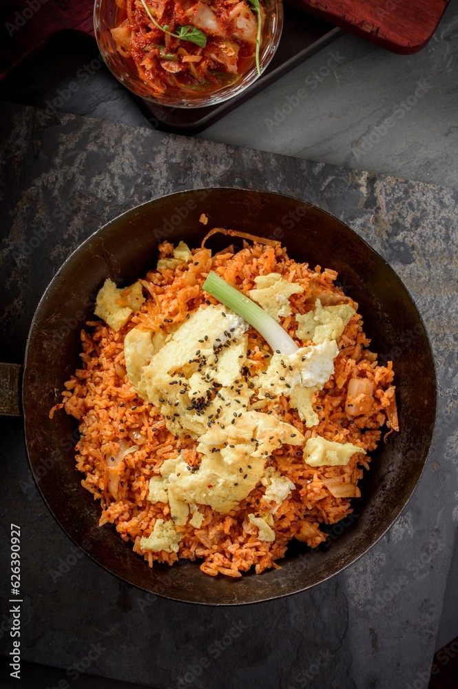 Savory Fusion: Close-Up of Kimchi Fried Rice, a Delectable Blend of Flavors, Captured in 4K Resolution Savory Fusion: Close-Up of Kimchi Fried Rice, a Delectable Blend of Flavors, Captured in 4K Resolution