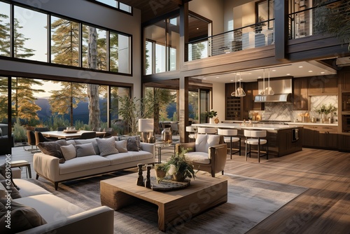 Beautiful modern living room interior in new luxury home with open concept floor plan. Shows kitchen, dining room, and wall of windows with amazing exterior