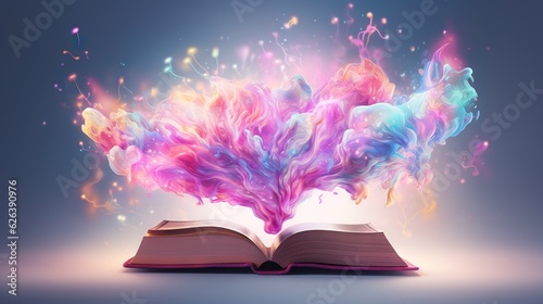  an open book with colorful smoke coming out of the pages. generative ai