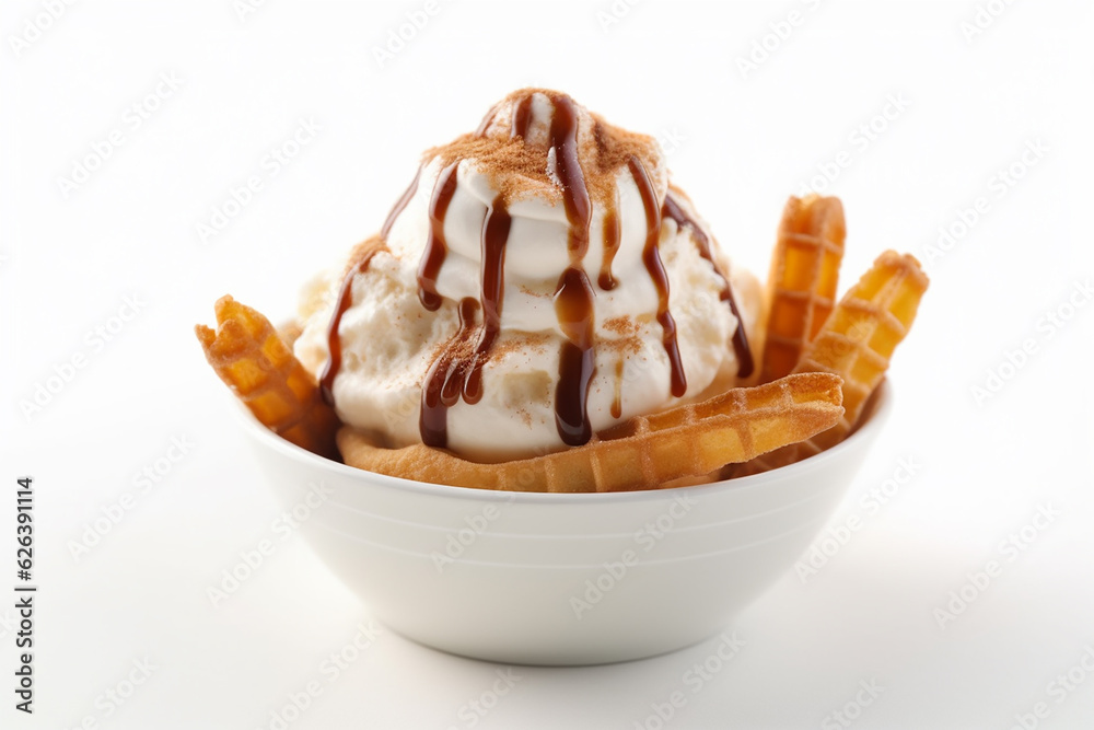 Delicious Churro Ice Cream Sundae - Famous in Mexico on a Pure White Background - Created with Generative AI Tools Delicious Churro Ice Cream Sundae - Famous in Mexico on a Pure White Background - Created with Generative AI Tools
