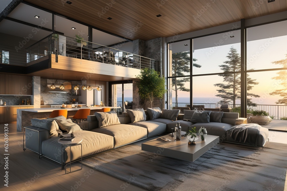 Welcoming modern living room interior in new luxury home with open ...
