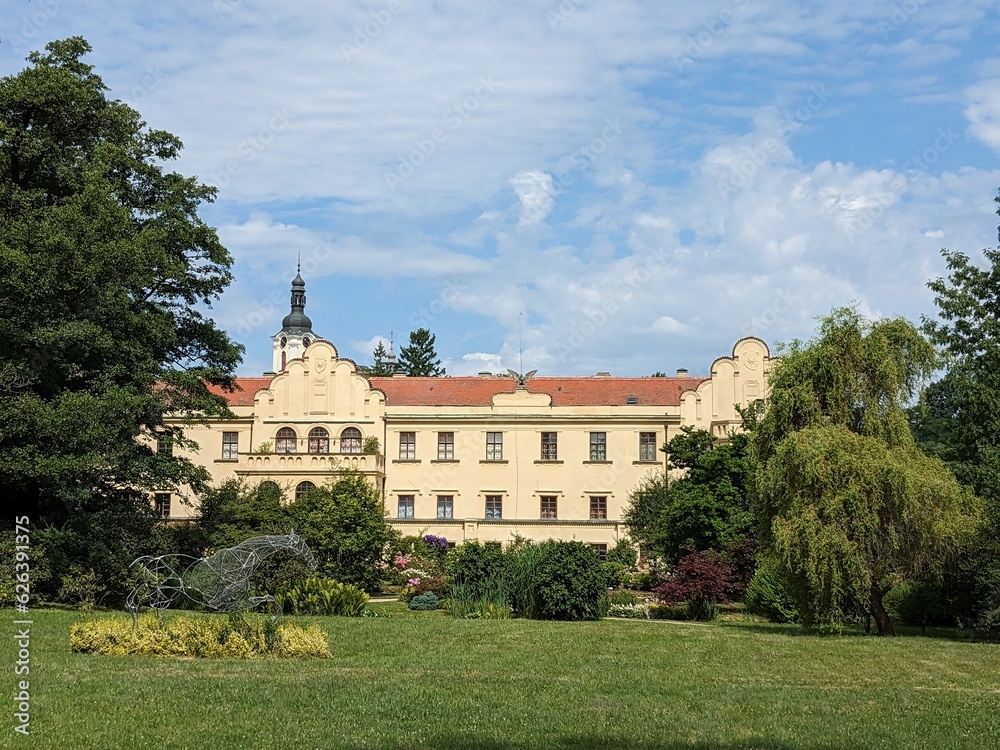 Fototapeta premium Castolovice chateau historical baroque castle Castolovice building and surrounding park with rose gardens, Bohemia,Czechia-Zamek Castolovice,chateau gardens