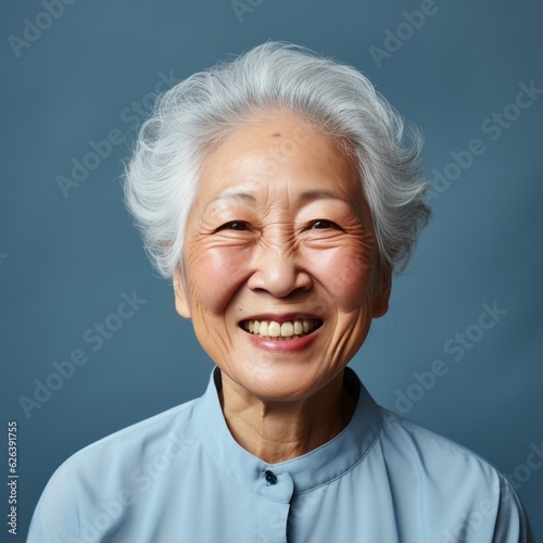 Portrait of a smiling elderly Asian woman with short gray hair on a blue background. Happy old Chinese woman with a smile in blue shirt looking at camera. Senior Japanese woman with shiny white teeth. © Valua Vitaly