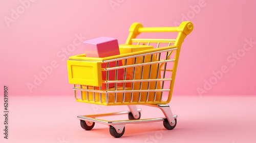  a yellow shopping cart with a pink block in the back. generative ai