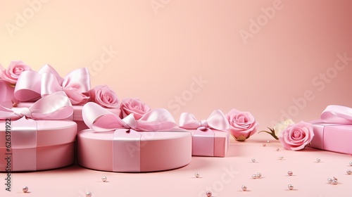  a group of pink gift boxes with pink roses on them. generative ai