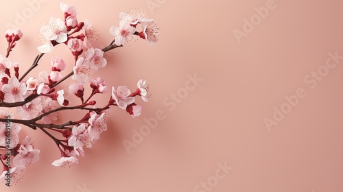  a branch with pink flowers on a pink background with space for text. generative ai