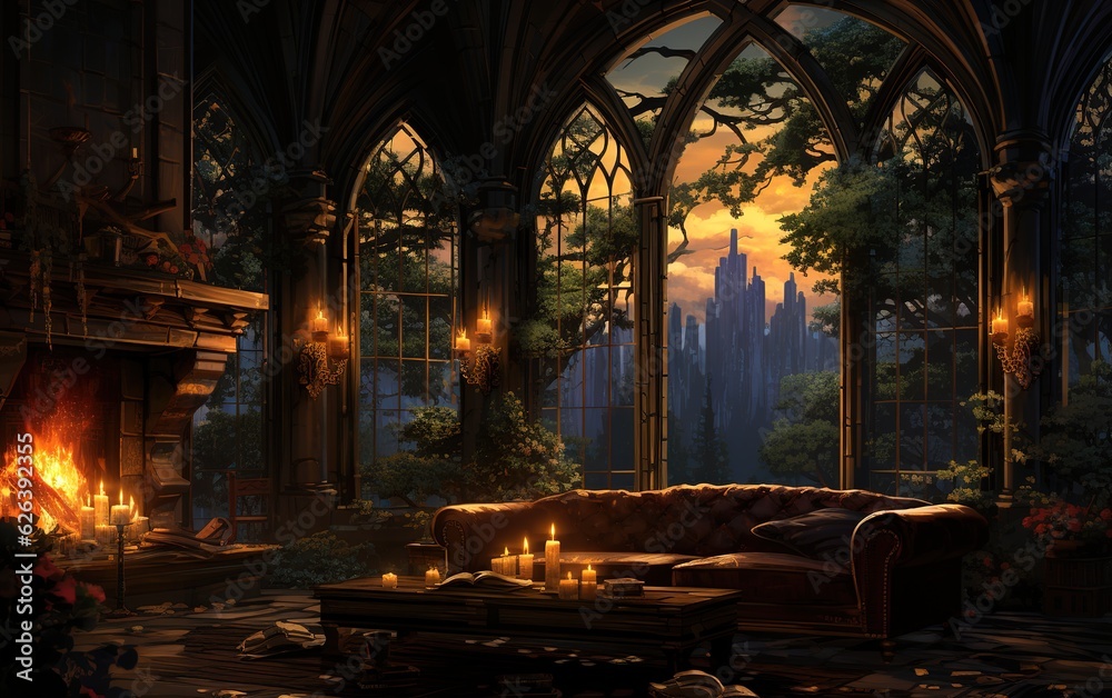 Cozy arcane study at dusk, background image, inviting ambience. magic world
