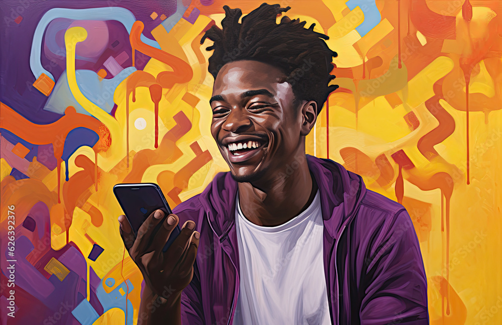 Person holding a phone in his hand, on a yellow background, in the style of colorful muralist, white and purple, lively action poses, igbo (ibo) art, unique framing and composition AI Generative Person holding a phone in his hand, on a yellow background, in the style of colorful muralist, white and purple, lively action poses, igbo (ibo) art, unique framing and composition AI Generative