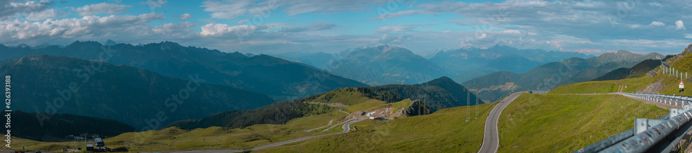 Wide panorama of jaufenpass or passo giovo in italian dolomites on a sunny day.
