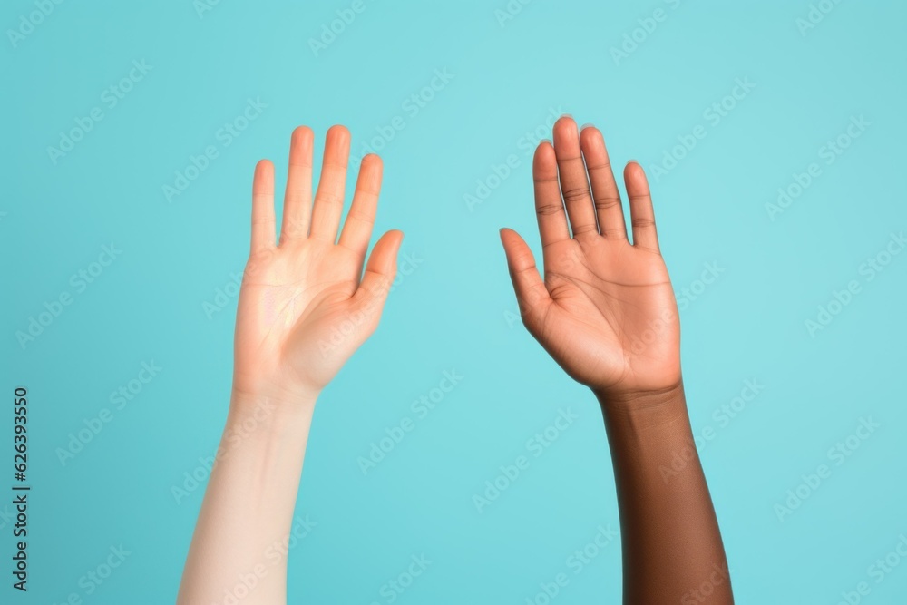 Two raised hands, a white and a black hand. Isolated on a plain blue colored background. Generative AI. Two raised hands, a white and a black hand. Isolated on a plain blue colored background. Generative AI.