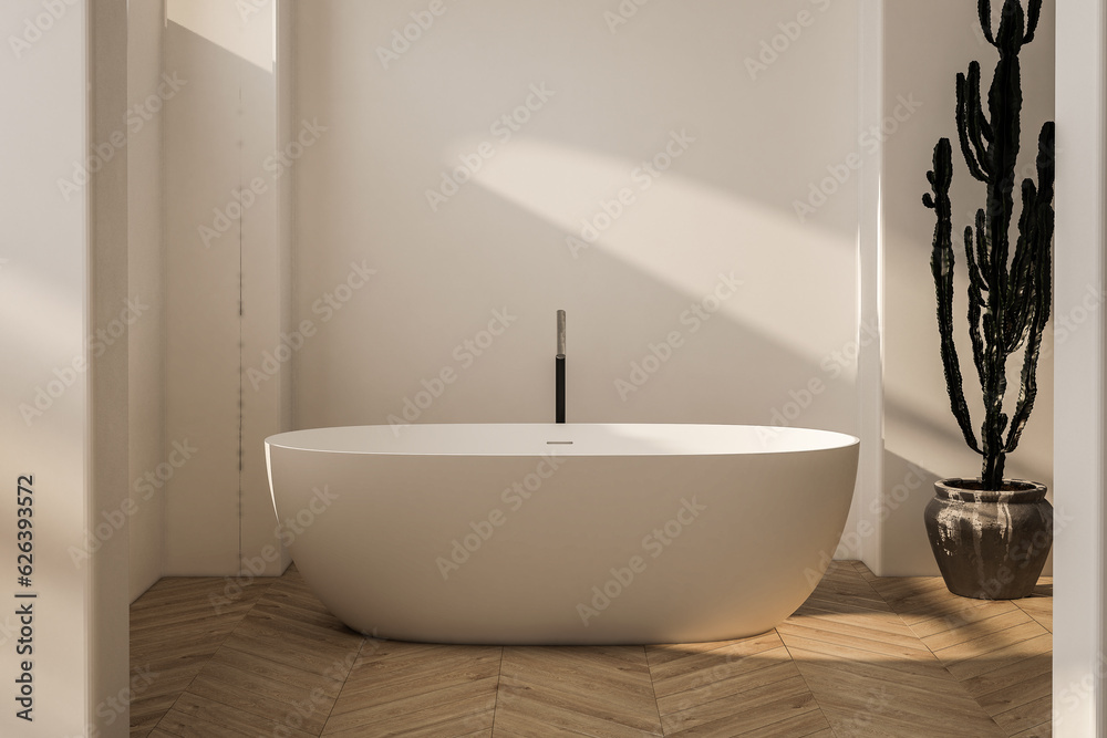 Fototapeta premium Bright bathroom interior with bathtub, parquet floor. 3d rendering
