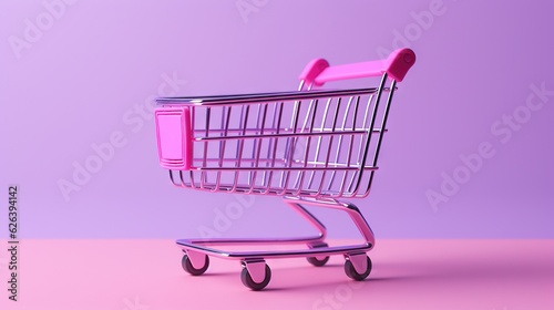  a pink shopping cart on a pink and purple background with a pink handle. generative ai