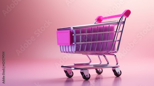 a purple shopping cart with a pink handle on a pink background. generative ai
