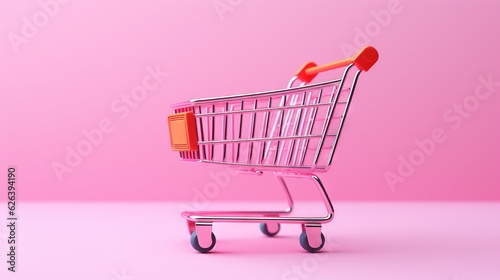 a pink shopping cart with an orange handle on a pink background. generative ai