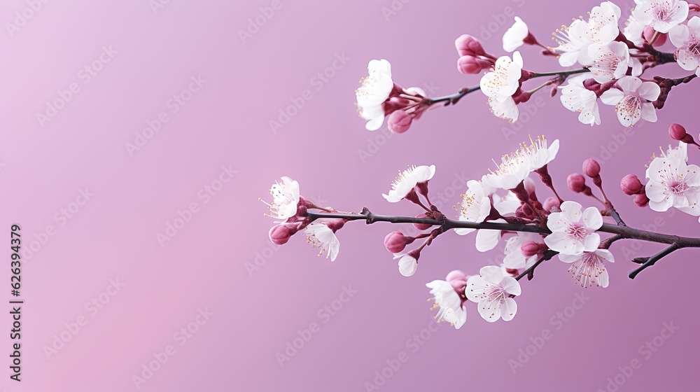 a branch with white and pink flowers against a pink background.  generative ai
