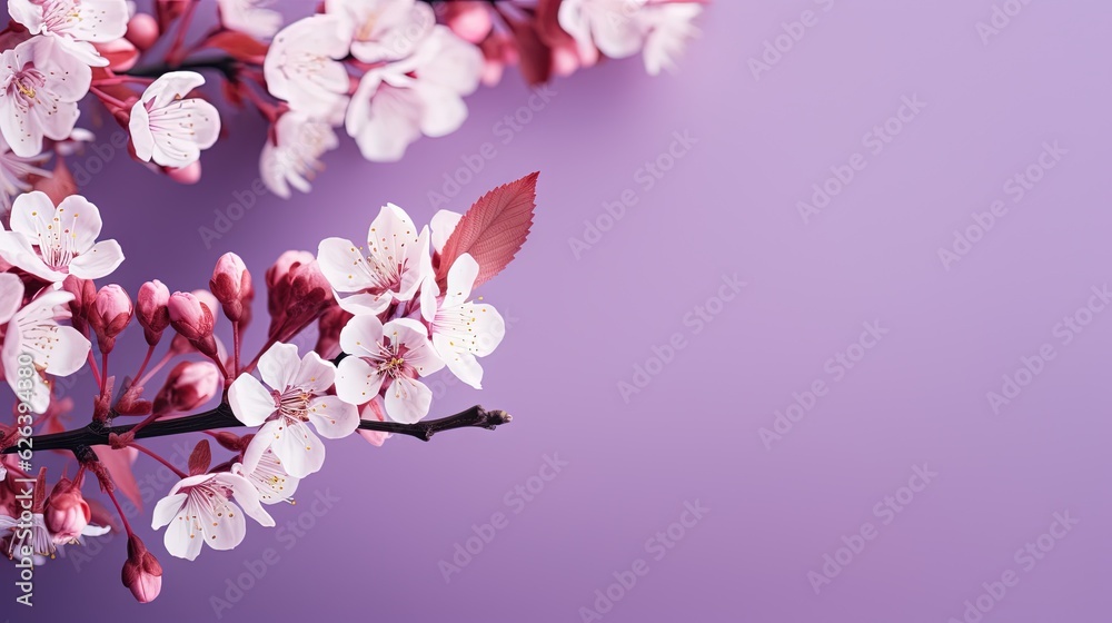  a branch of a cherry tree with pink flowers on a purple background.  generative ai