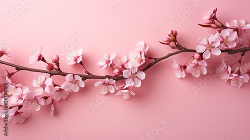  a branch with pink flowers on a light pink background with space for text. generative ai