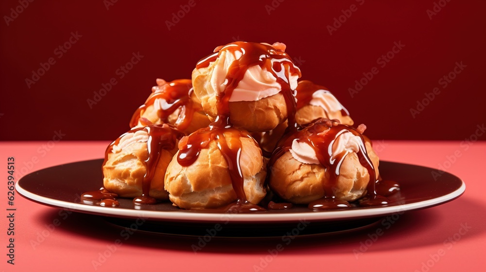 a pile of pastry covered in caramel sauce on a plate. generative ai a pile of pastry covered in caramel sauce on a plate. generative ai