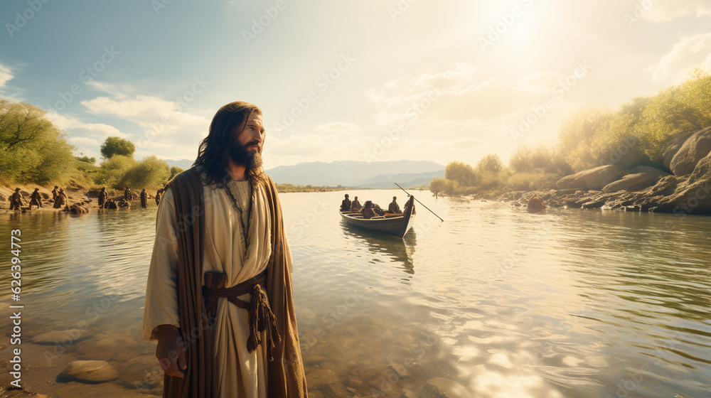 Jesus Christ on the shore of the lake with a boat. The preaching of ...