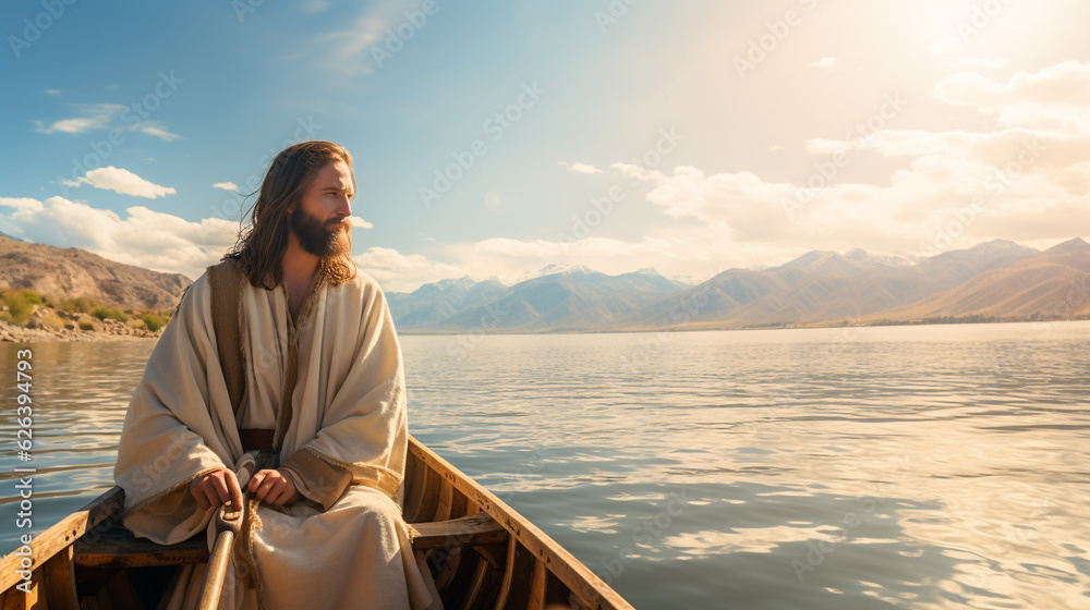 Fototapeta premium Jesus Christ is sitting in a boat in the middle of the lake. Christian religious background, banner.