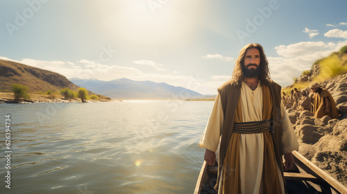 Jesus Christ is preaching in a boat. Christian religious background, banner. Biblical Illustration