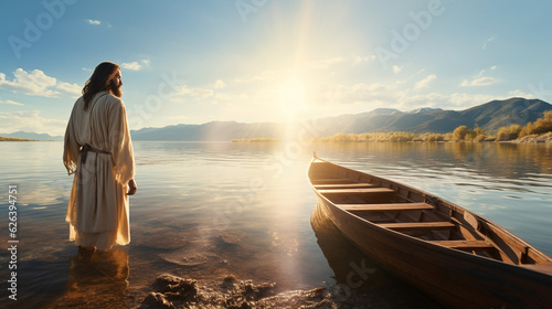 Fotografie, Tablou Jesus Christ on the shore of the lake with a boat