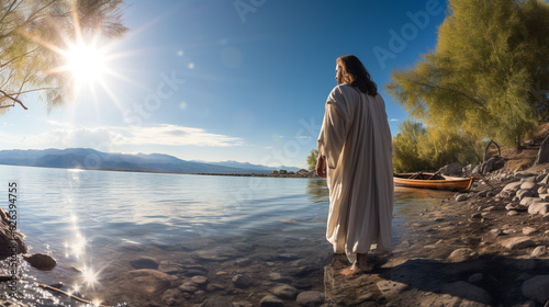 Fotografia Jesus Christ on the shore of the lake with a boat