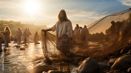 Jesus Christ is fishing with fishermen. Christian religious background, banner. photo