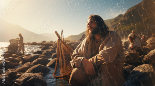 Jesus Christ is fishing with fishermen. Christian religious background, banner.