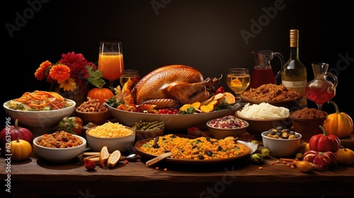  a table full of thanksgiving food and wine bottles and glasses. generative ai