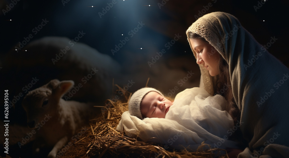 Christmas. The Virgin Mary with the newborn Jesus Christ in a manger in ...