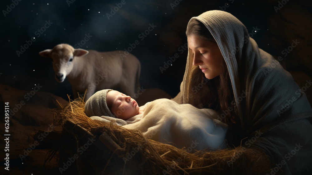Christmas. The Virgin Mary with the newborn Jesus Christ in a manger in