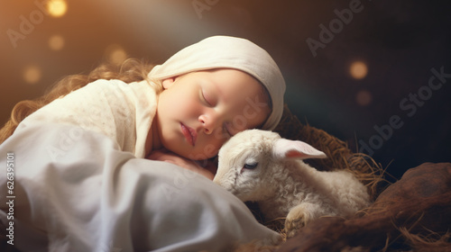 Christmas card. Baby Jesus Christ with a lamb. The nativity scene. Christian Religious background