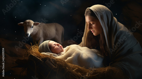 Christmas. The Virgin Mary with the newborn Jesus Christ in a manger in a cave with a lamb. The nativity scene. Christian religious illustration, background, banner