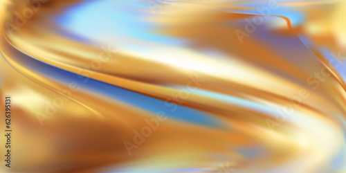 Golden hologram background with blue tints. Wavy pattern in motion. Gold leaf. Luxury holographic foil background for design. Vector illustration using gradient mesh.