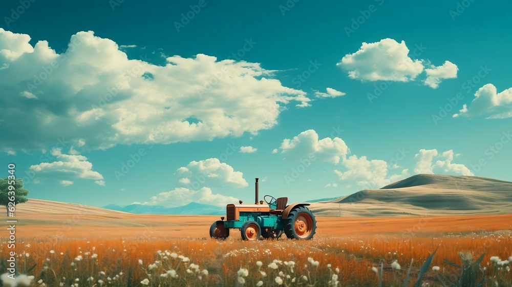 Fototapeta premium Scenic farm background with tractor under clear sky