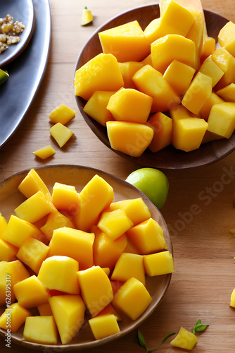 Sunny Tropical Sweetness: Tempting Tasty Illustration of a Pile of Freshly Cut Mango Slices In Bowls And Plates Generative Ai