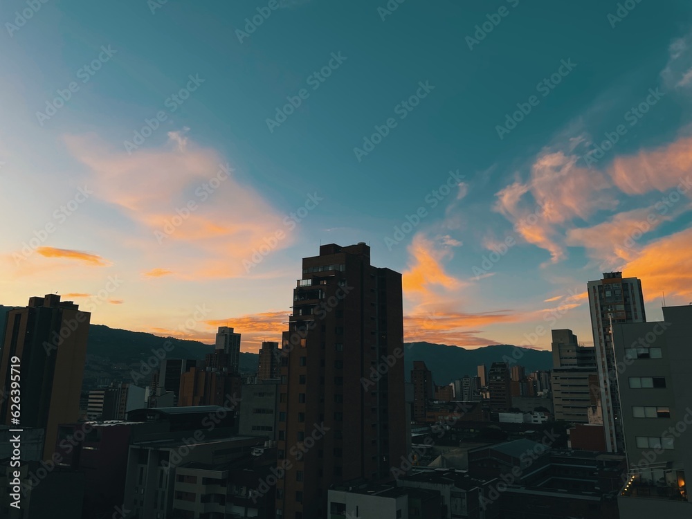 Fototapeta premium Colorful sunset in the city of Medellin in summer. Medellin, Antioquia, Colombia.