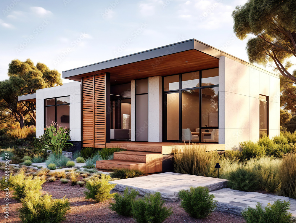 Modern small minimalist cubic house with wooden terrace and landscaping design front yard. Residential architecture exterior. Created with generative Ai