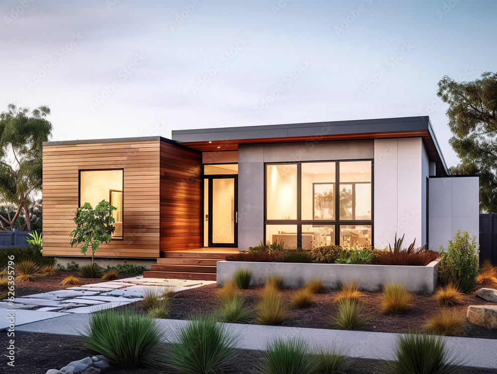 Modern small minimalist cubic house with wooden cladding and concrete walls and landscaping design front yard. Residential architecture exterior. Created with generative Ai