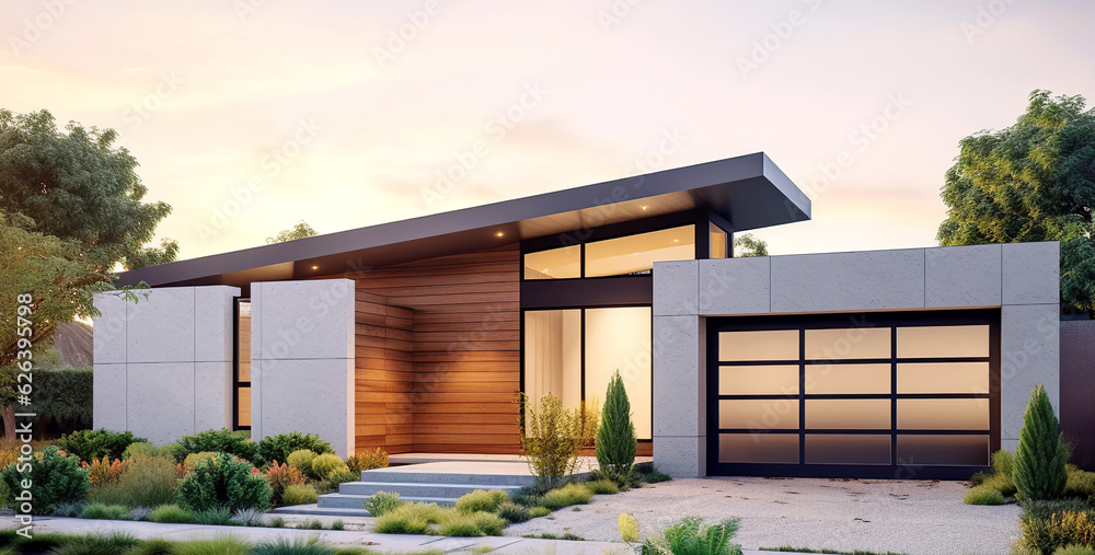 Fototapeta premium Modern small minimalist cubic house with wooden cladding and concrete walls and landscaping design front yard. Residential architecture exterior with driveway to garage door. Generative Ai