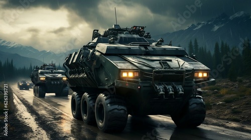 A convoy of heavy military armored fighting vehicles