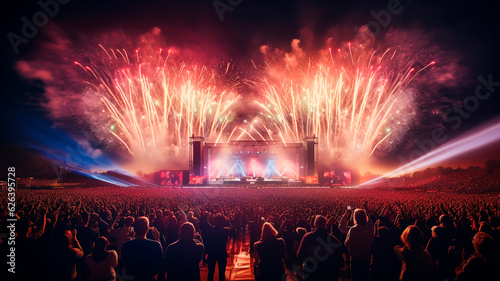 A live event, such as a concert or halftime show, taking place at a sports stadium. A large crowd of people cheering and enjoying the event. Spectacular fireworks or pyrotechnics illuminating the sky.