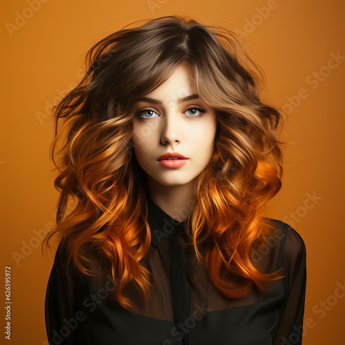 Print op canvas Portrait of a beautiful young woman with long wavy hair
