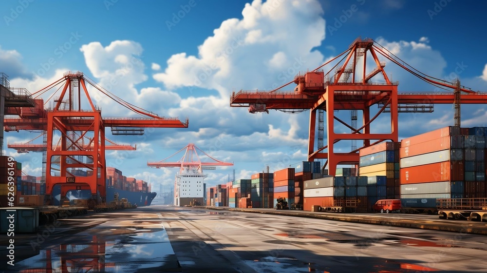 Busy container port, cargo ships, blue sky