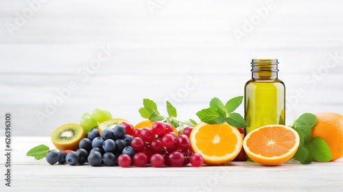  a bottle of oil next to a pile of fruit and berries. generative ai