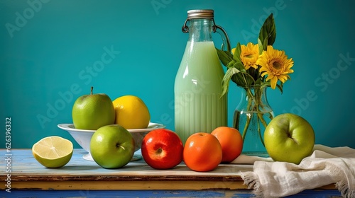  a table topped with apples, oranges and a bottle of milk. generative ai